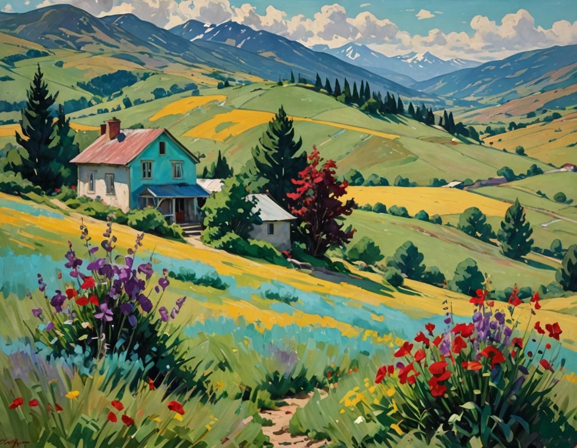 Meadow House Oil Painting in Tetradic Colors