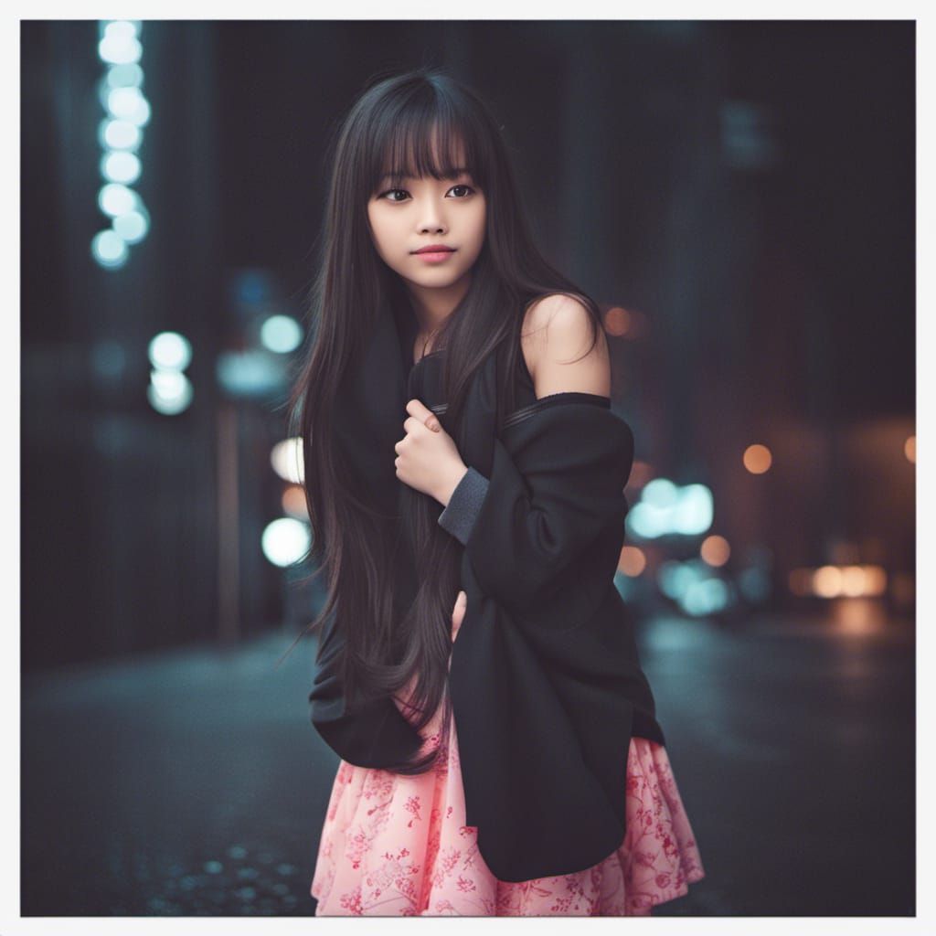 Cute Girl in Dark City at Night