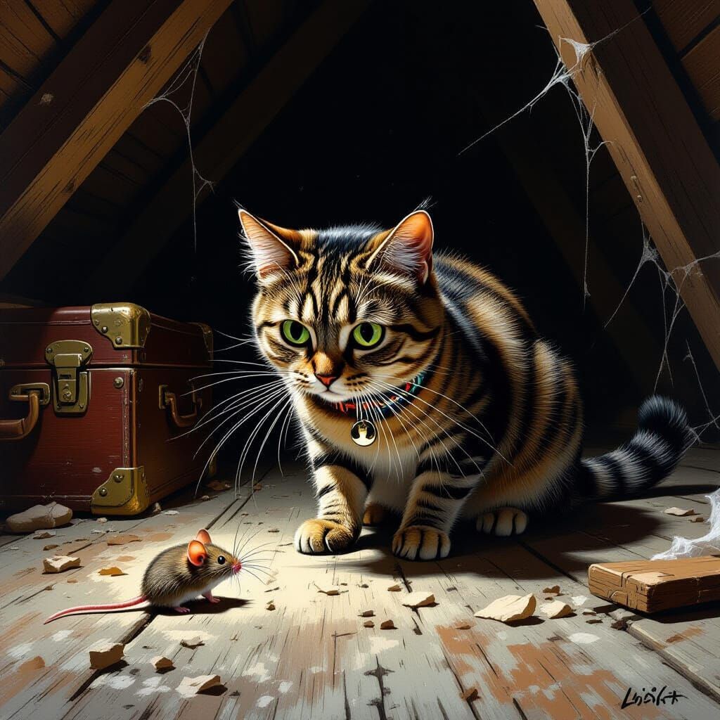 Cat Hunts Mouse in Dusty Attic, Hyper-Realistic Style