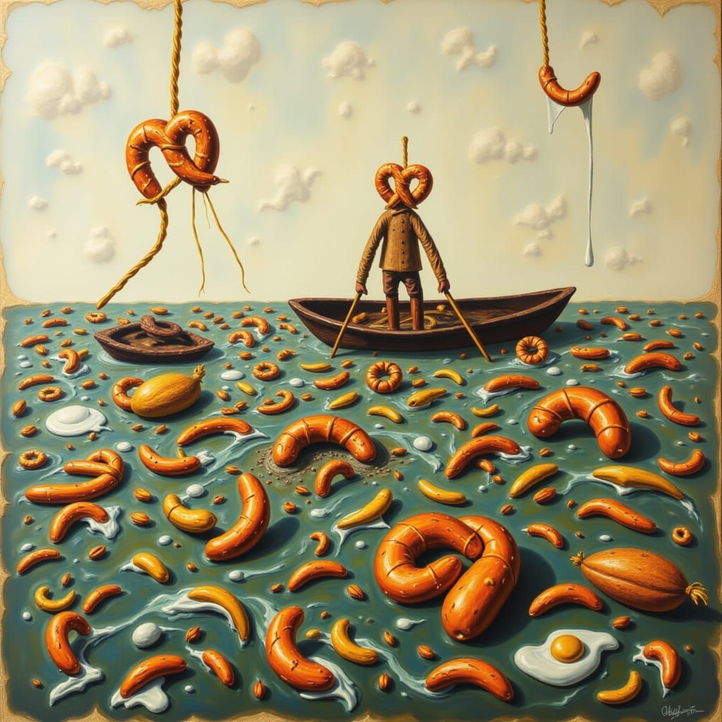 Surreal Paper Collage: Fisherman in Abstract Food Sea