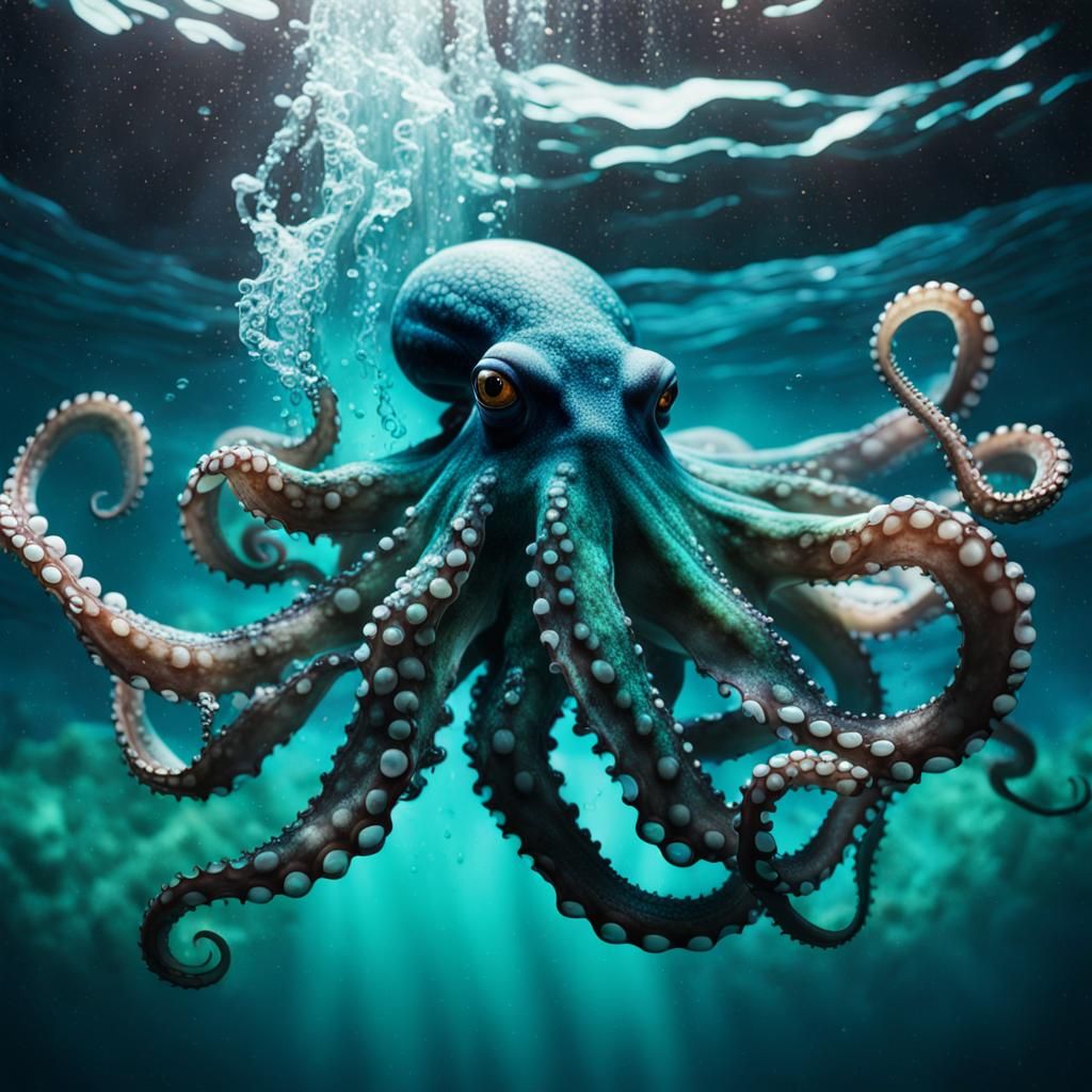 Cinematic Octopus Emerging from the Deep Ocean