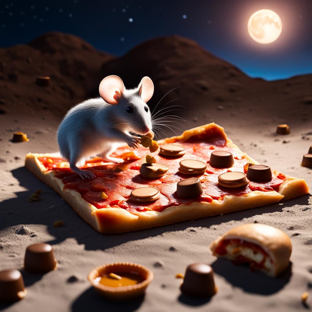 Mouse Eating Pizza on the Moon, Hyperrealistic Photo