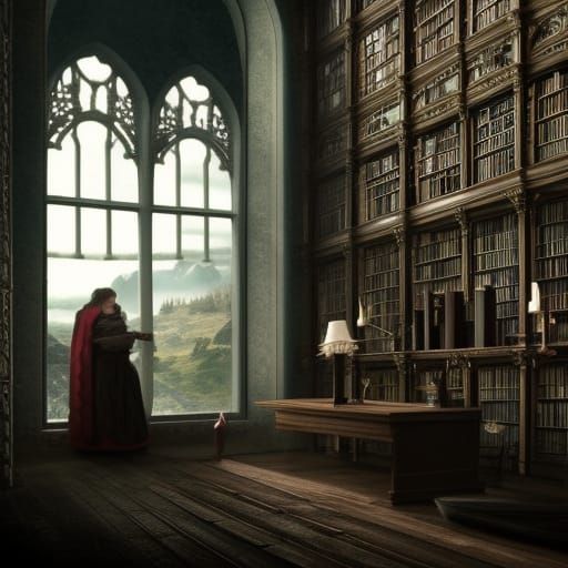 Writer in Medieval Library at Night: Digital Matte Painting