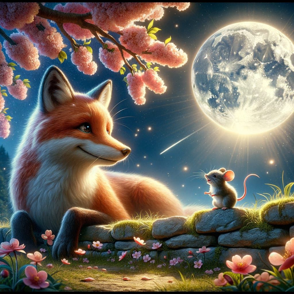 Whimsical Moonlit Scene with Fox and Mouse Amid Cherry Bloss...