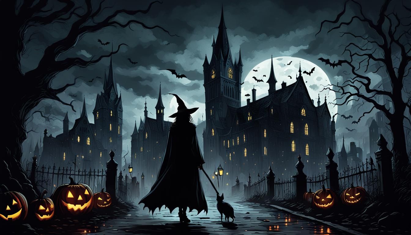 Halloween Witch in Gotham City, Gothic Comic Art