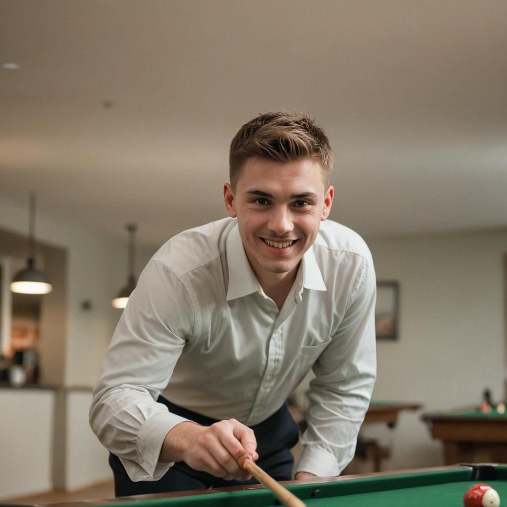 Young Man Aiming Billiard Cue in Smoky Bar