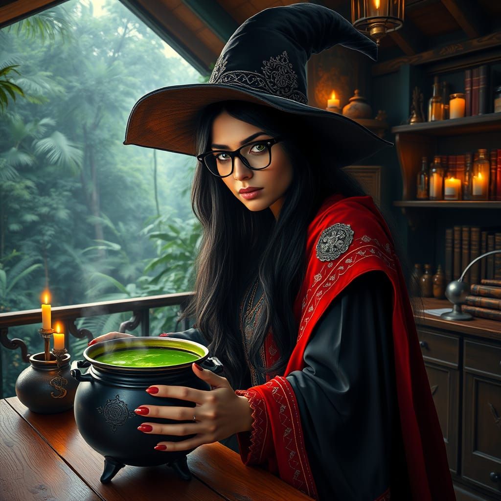 beautiful witch making potion