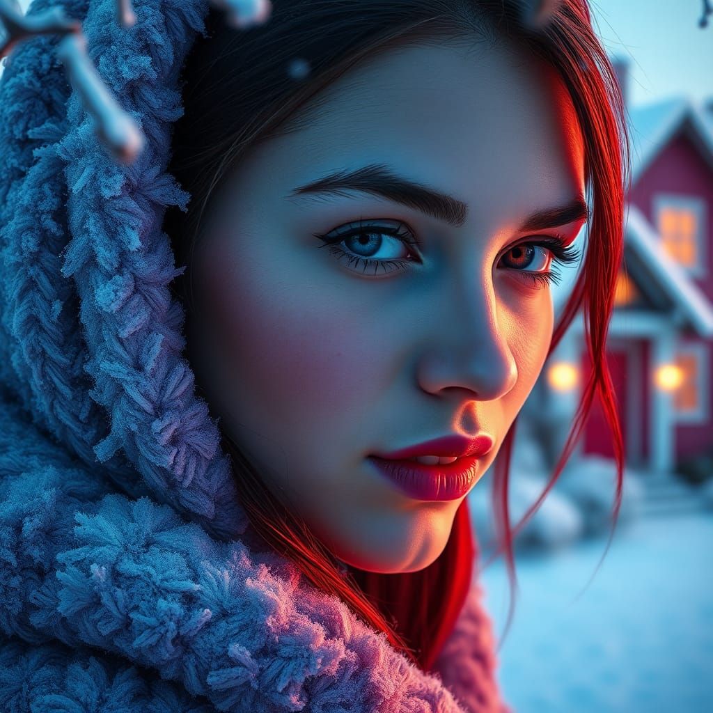 Hyperrealistic Woman's Face in Pastel Winter Scene