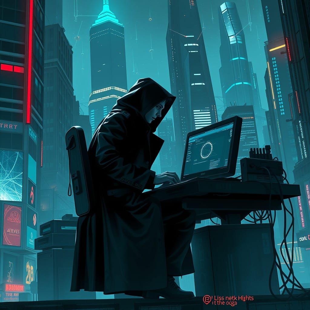 Cyberpunk Hacker in a Gritty Dystopian Metropolis