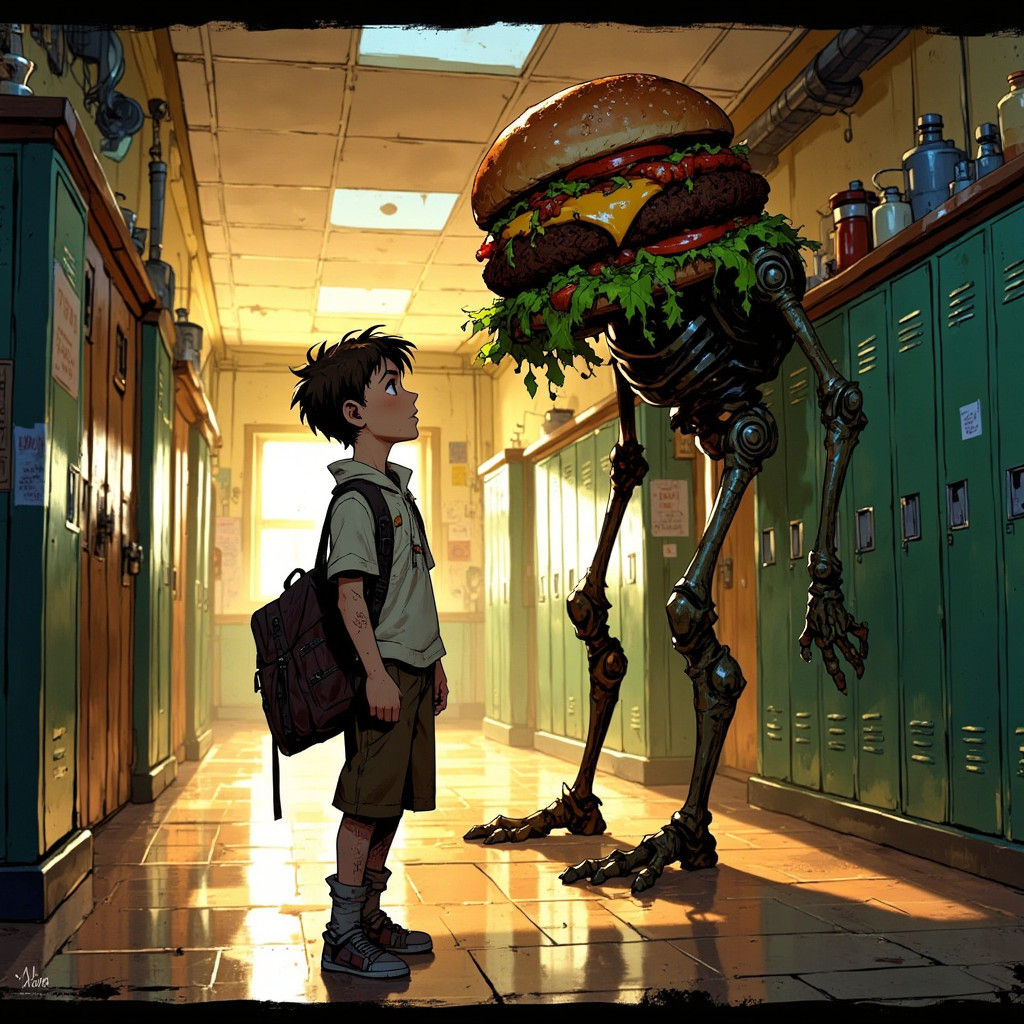Sentient Burger Encounter in School Hallway