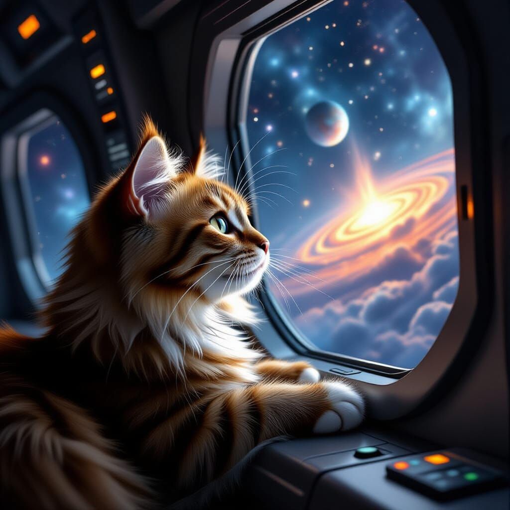Cat in Spaceship Gazing at Galaxies