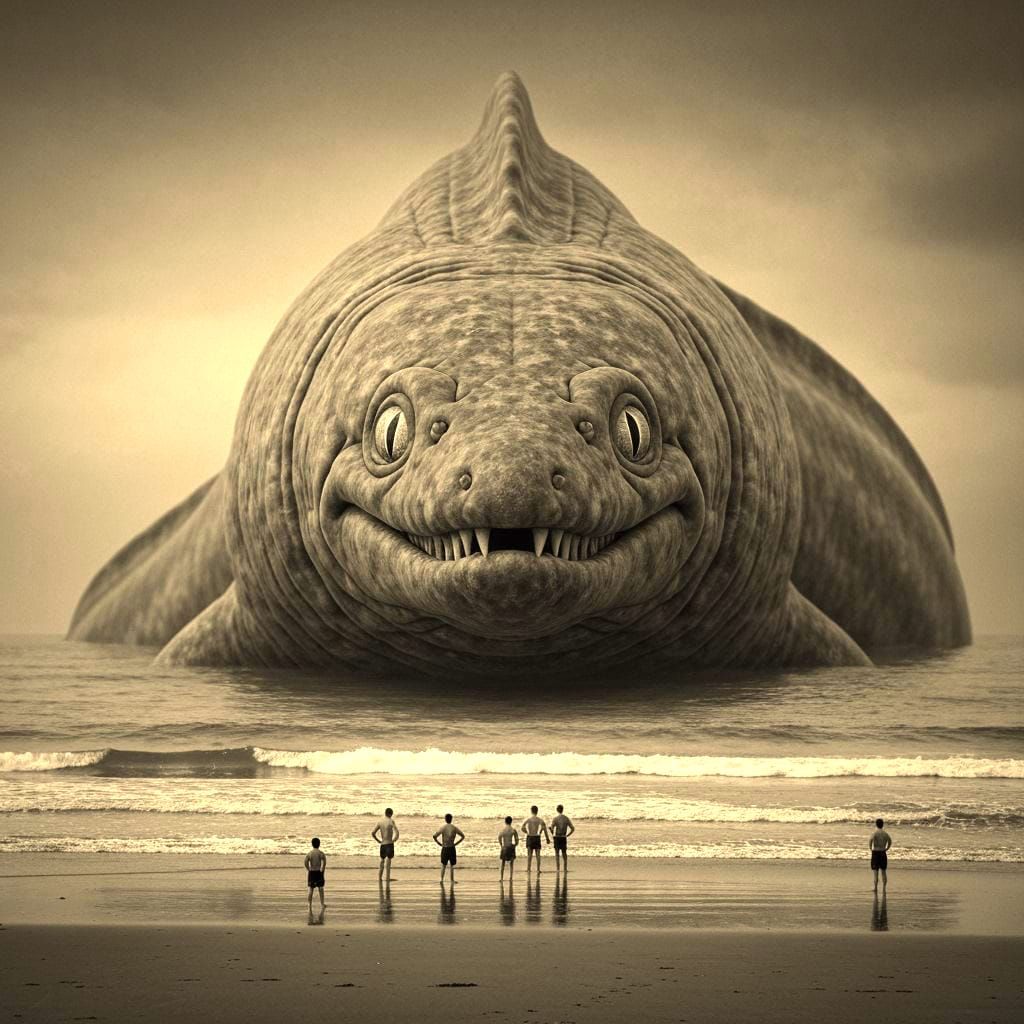 Gigantic Sinister Sea Monster Overlooking Beach