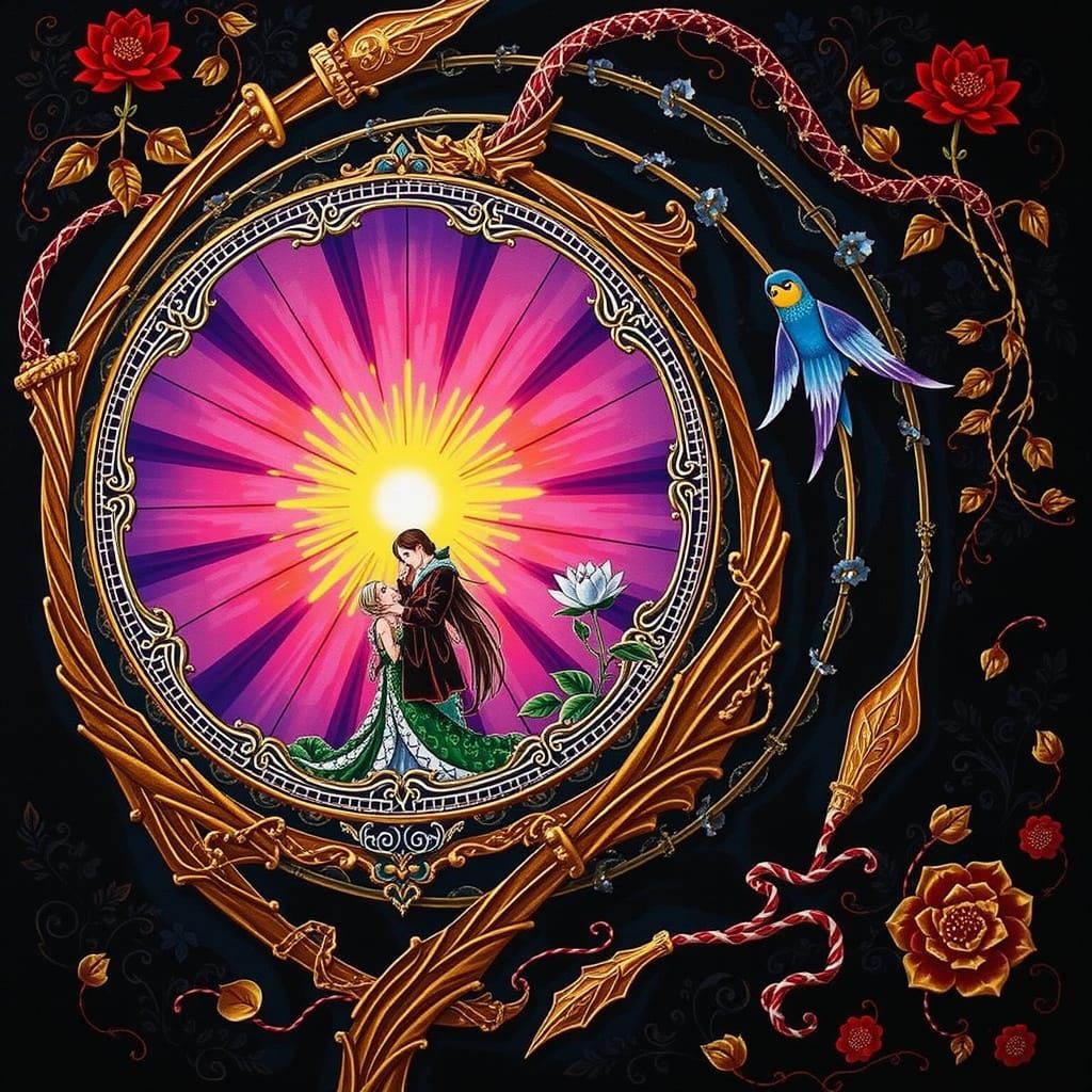 Elegant Figures in Ornate, Floral Attire