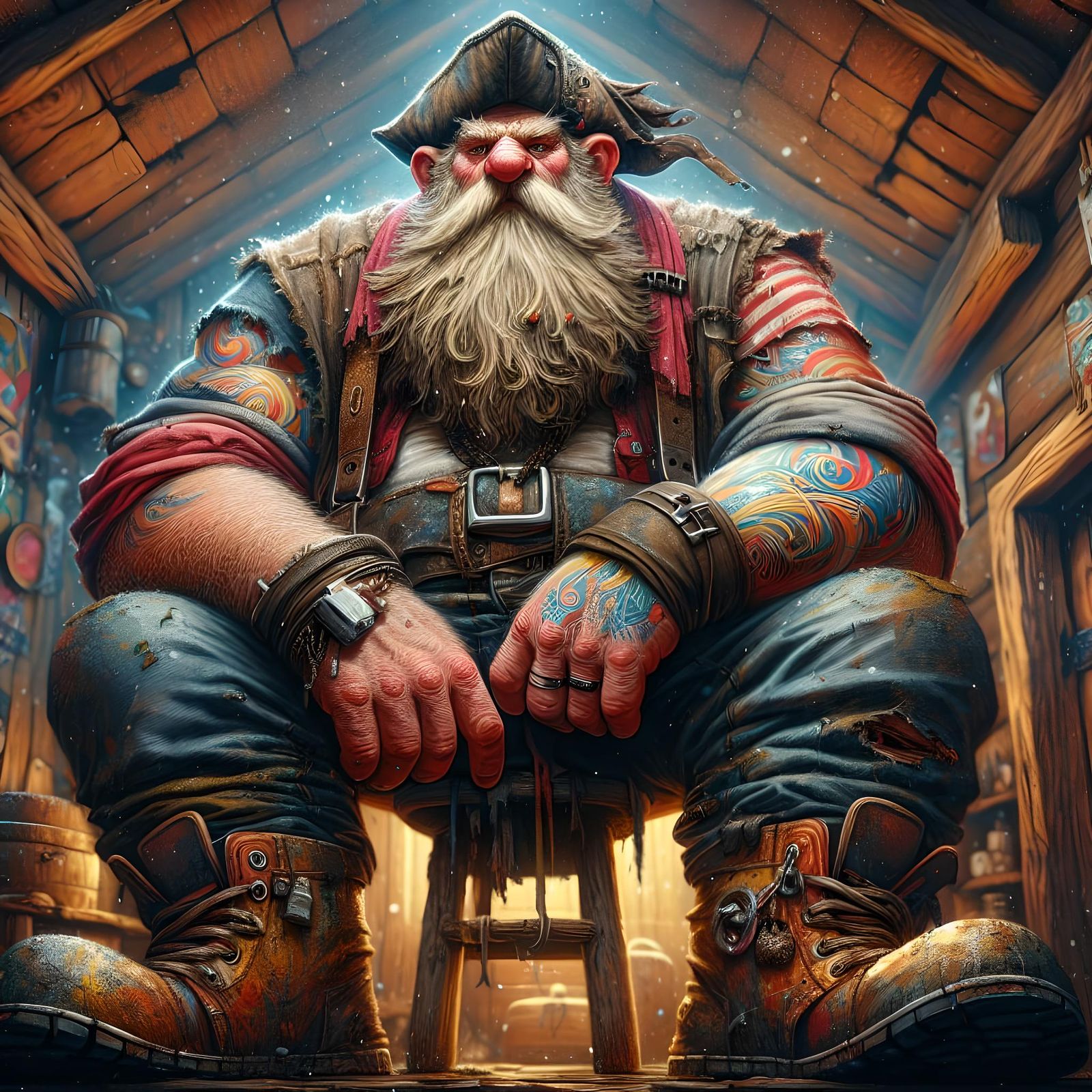 Tired Gnome in Cozy Hut: Oil-Based Concept Art
