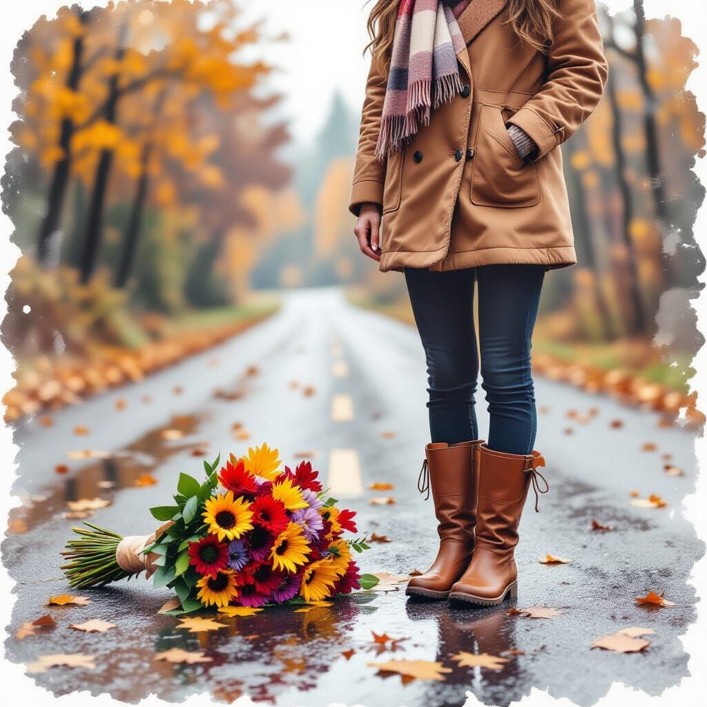 Autumn Watercolor of Girl in Puddle-Strewn Road