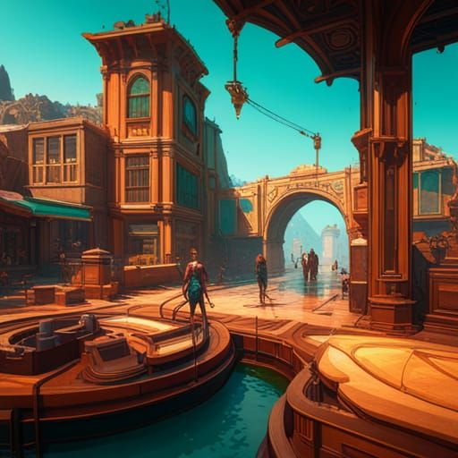 Volcano Village Concept Art in Orange and Teal