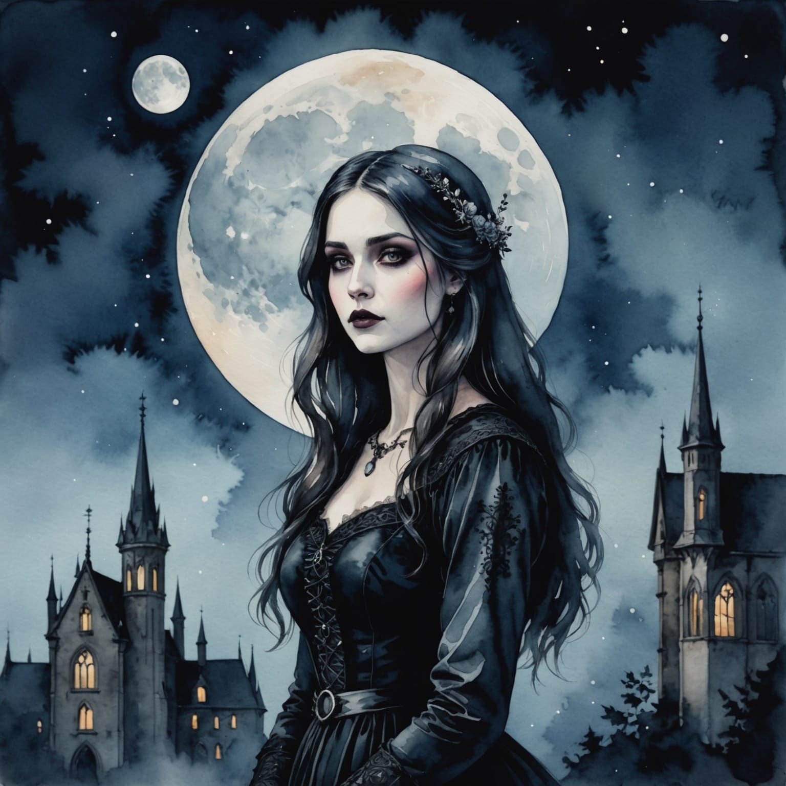 Gothic Woman Watches Moonlit Reflections in Watercolor
