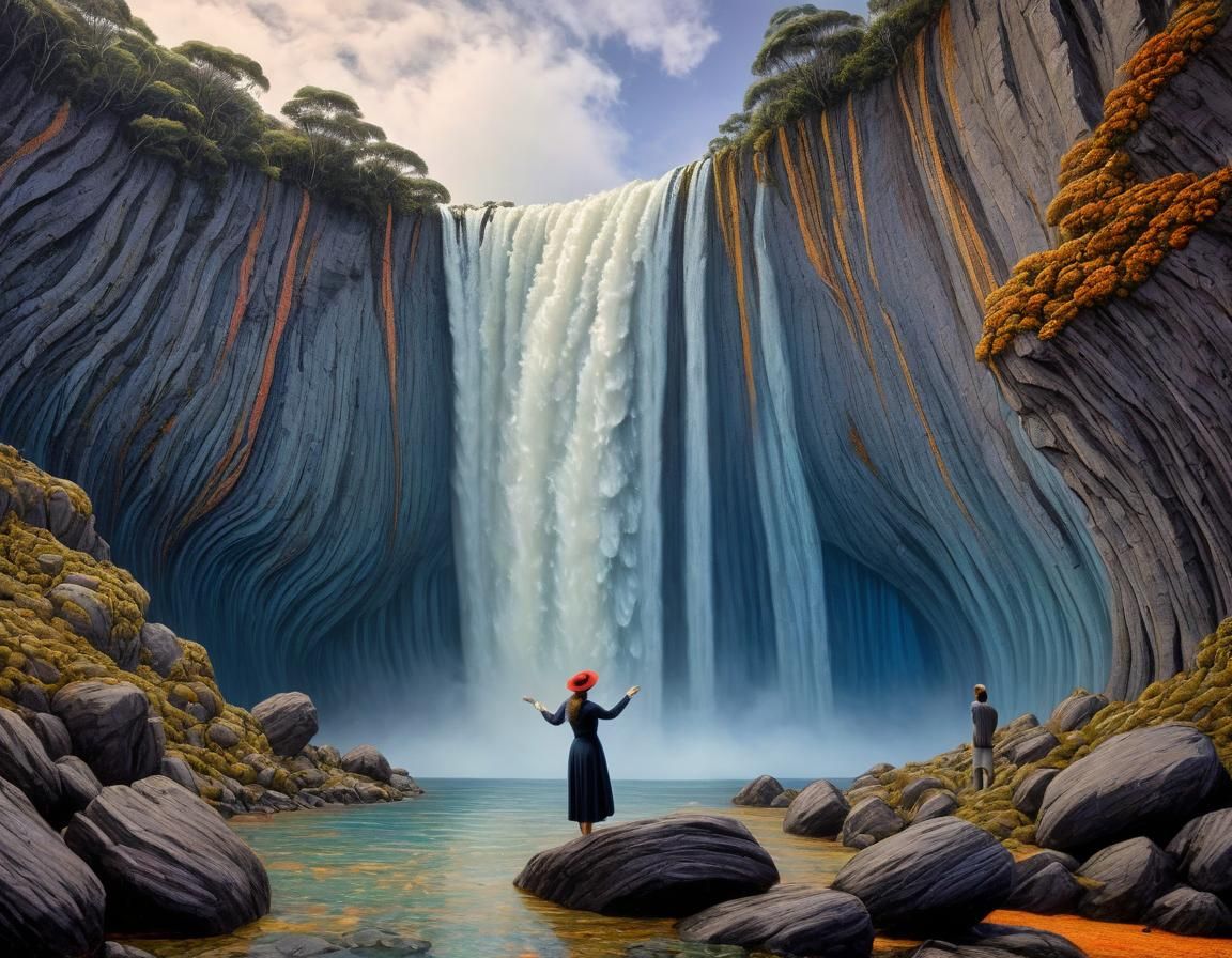 Underwater Waterfall in Steinlen Style with Touching Hands