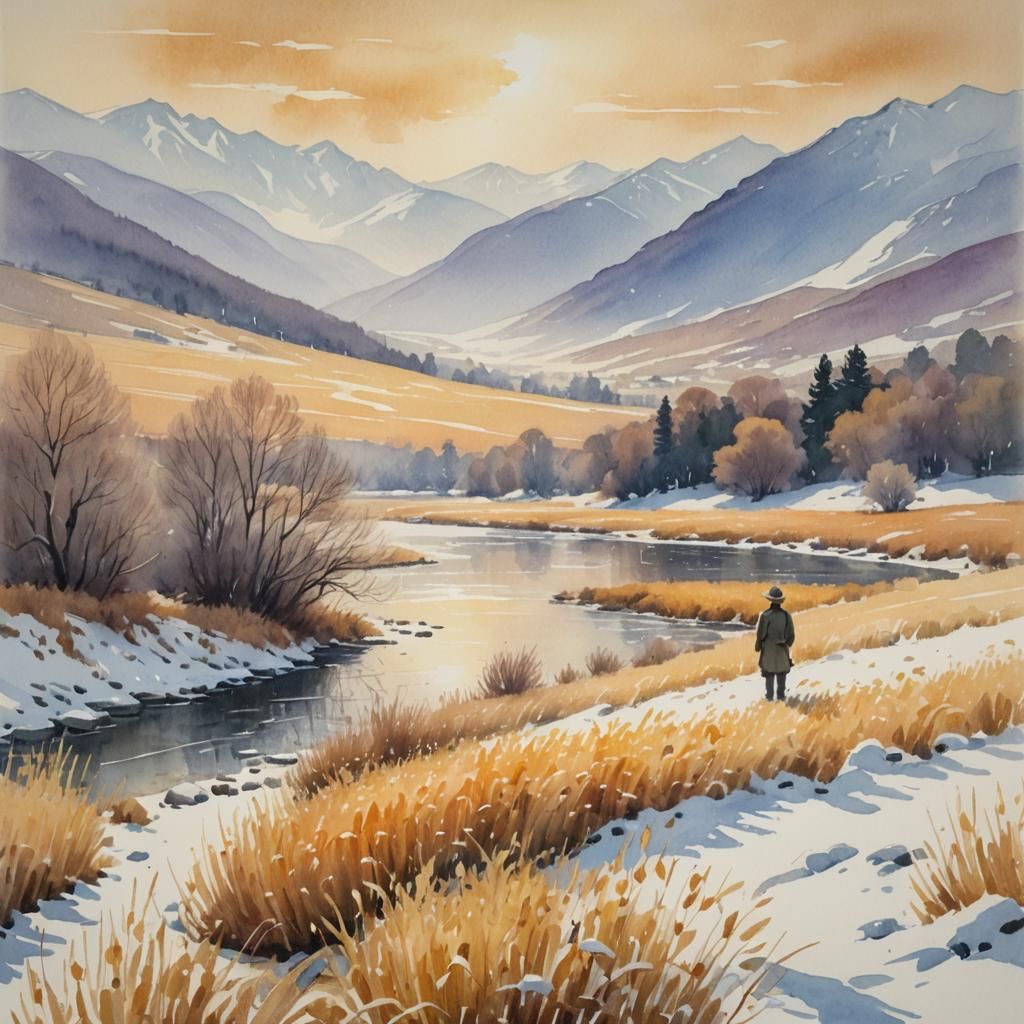 Impressionistic Watercolor Landscape with Serene River