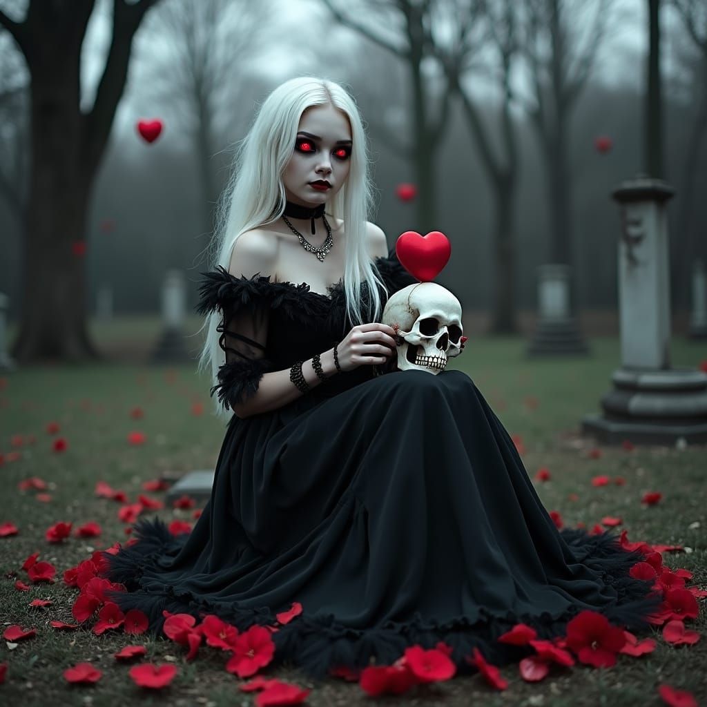 Gothic Girl in Graveyard with Skull Hearts