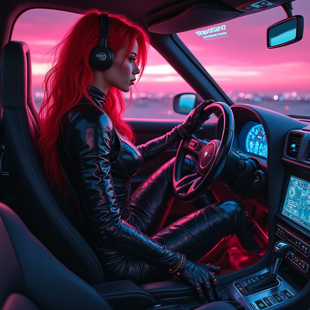Cyberpunk Goddess in Neon Armor Drives Futuristic Vehicle