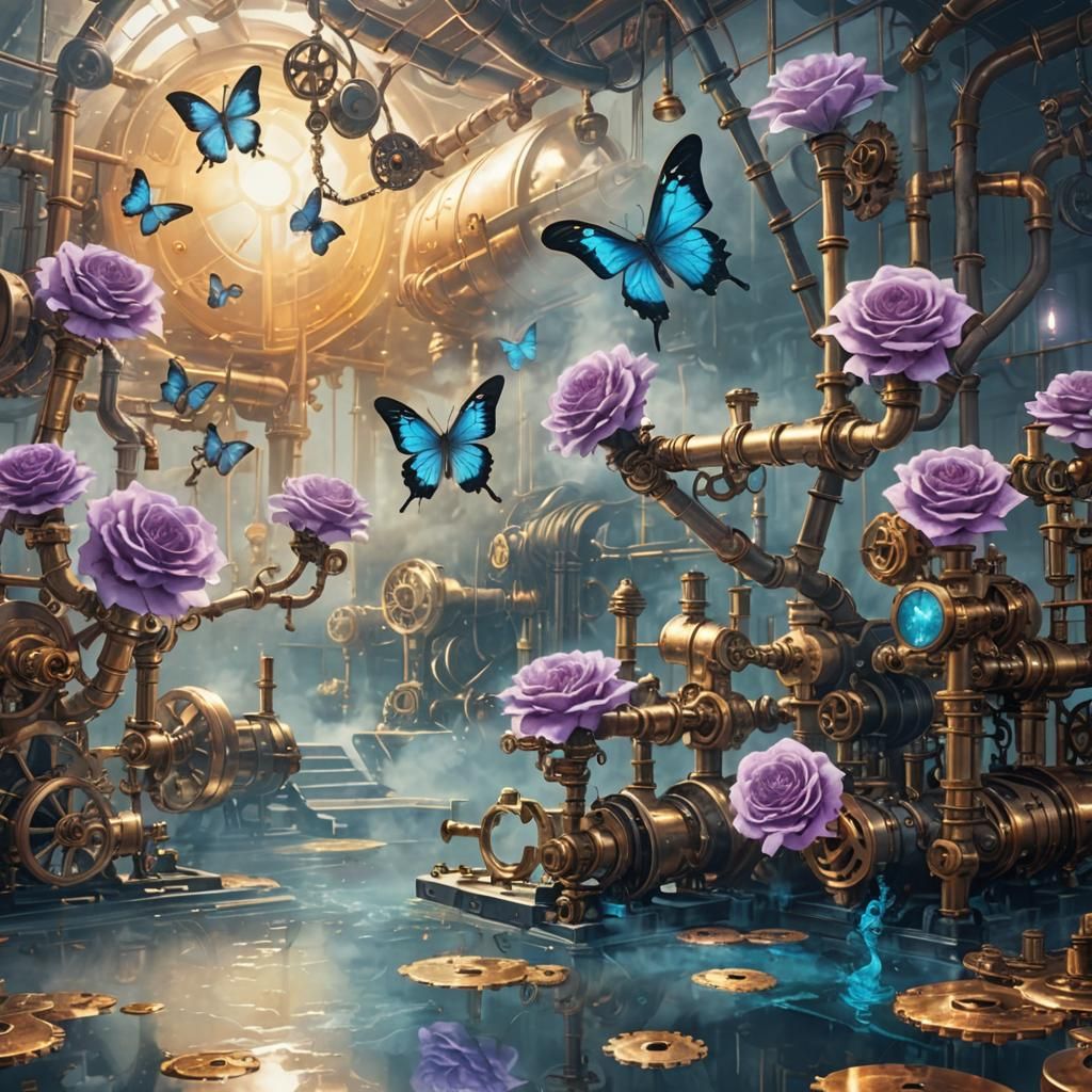 Golden Steampunk Engine in Dimly Lit Room