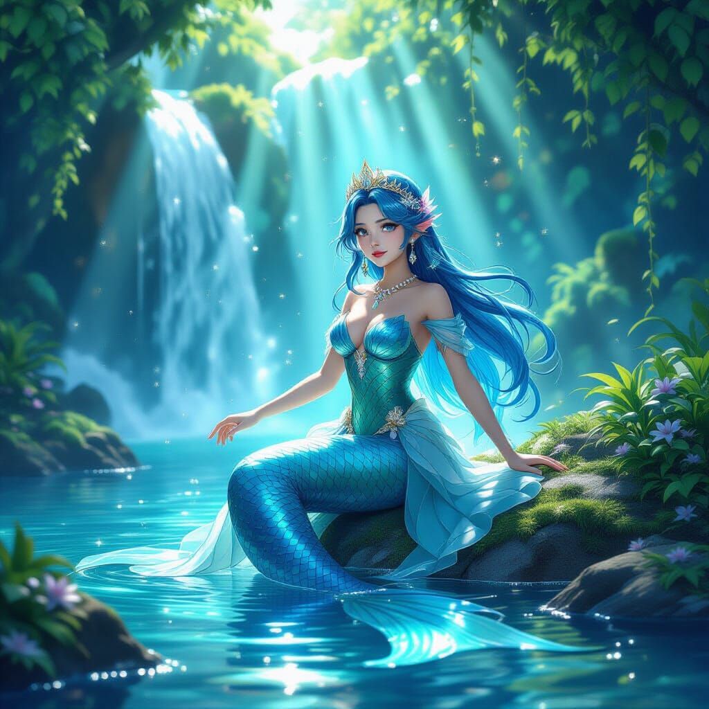 Mermaid Princess by Waterfall in Bioluminescent Grotto