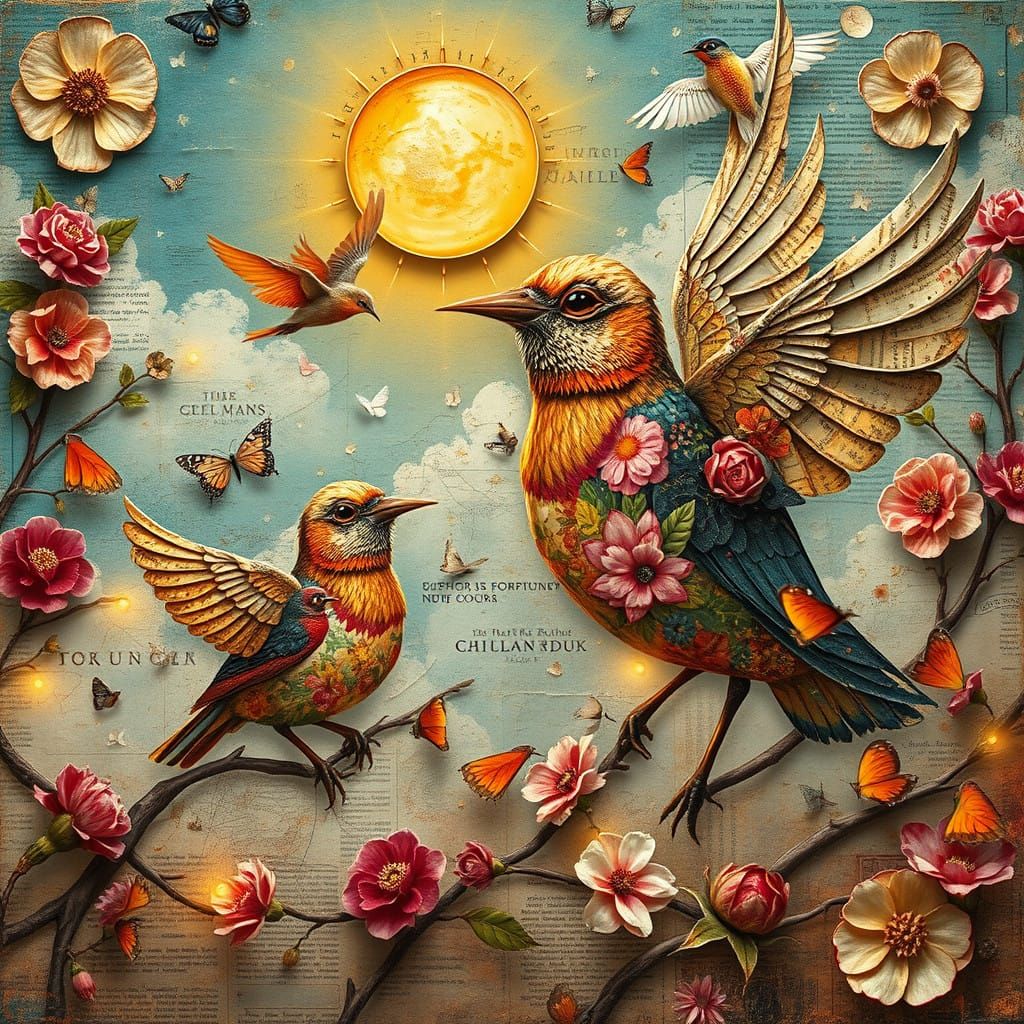 Surreal Whimsical Birds in Mixed Media Collage