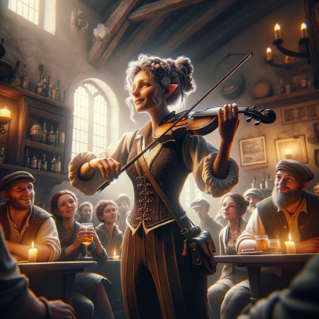 Warm Tavern Scene with a Vibrant Female Bard