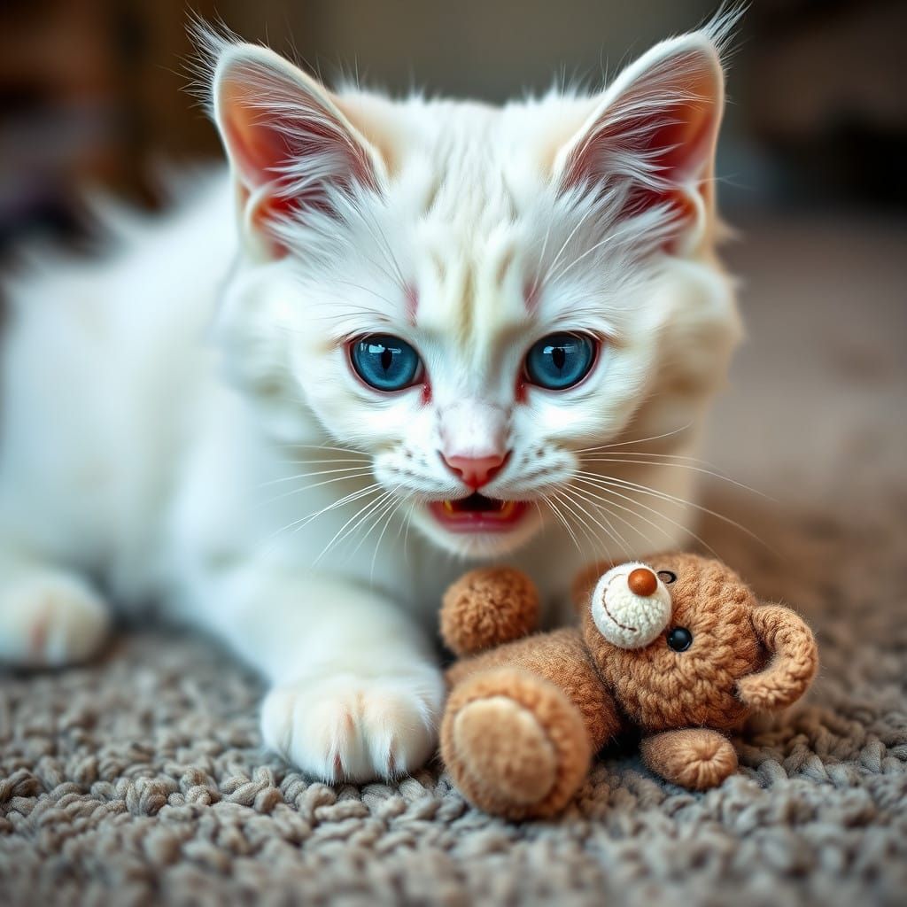 Majestic White Kitty Plays with Teddy Bear in Sharp Focus
