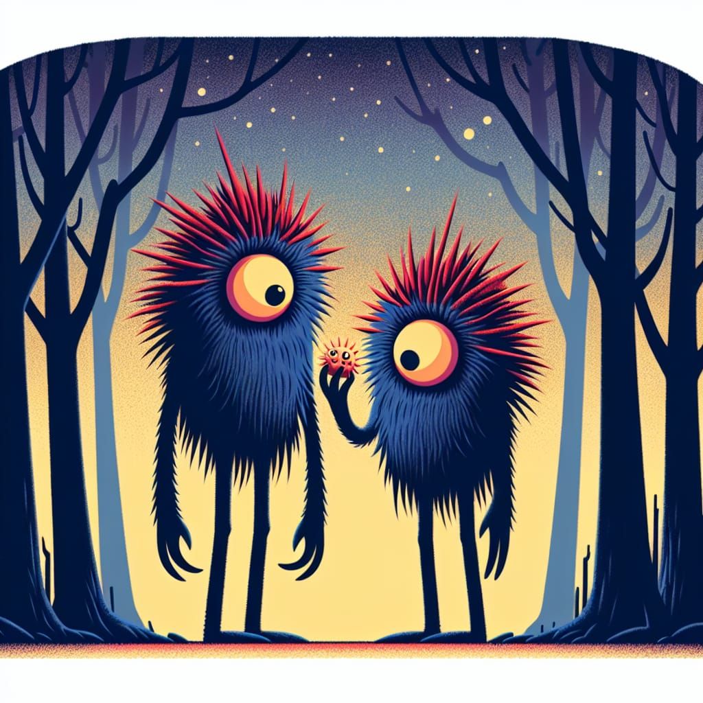 Blue Furry Creatures in Twilight Forest, Cartoon Style