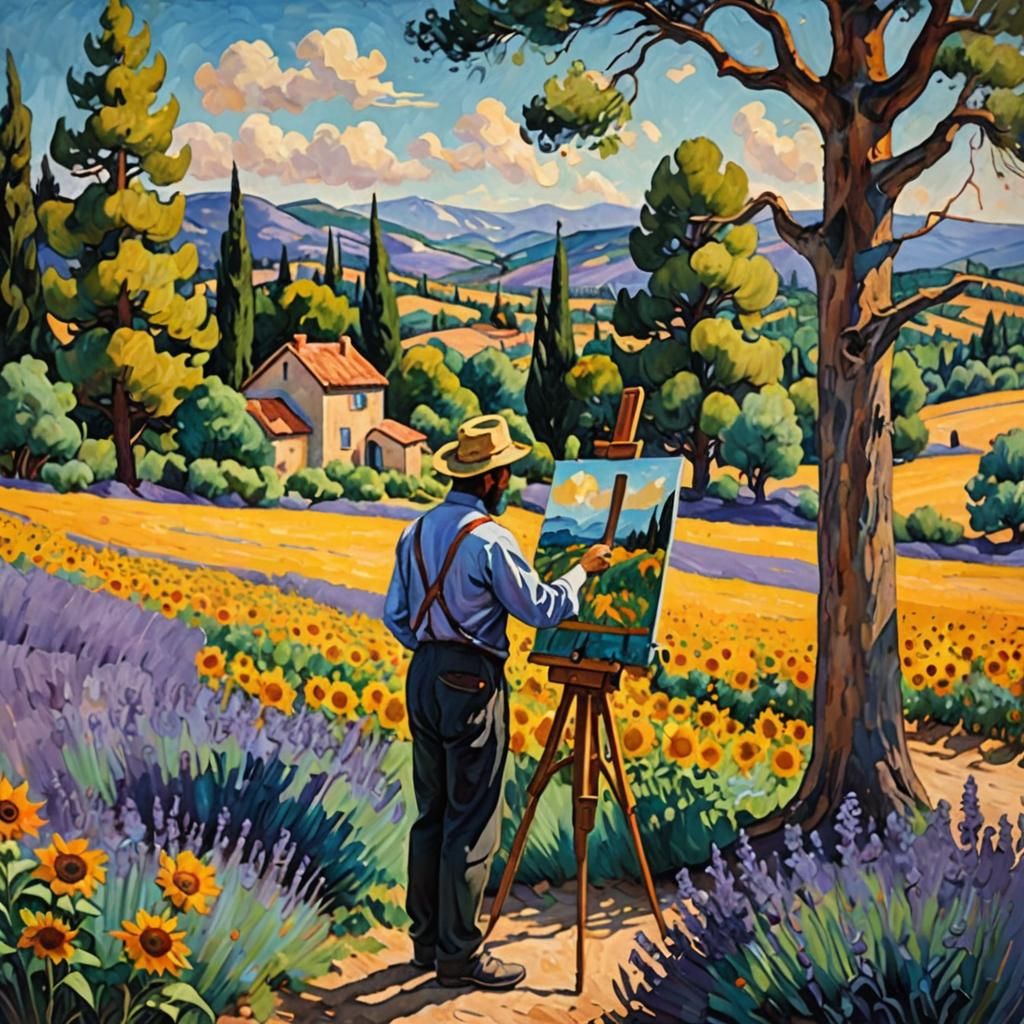 Artist in Provence Landscape, Gauguin Style Oil Painting