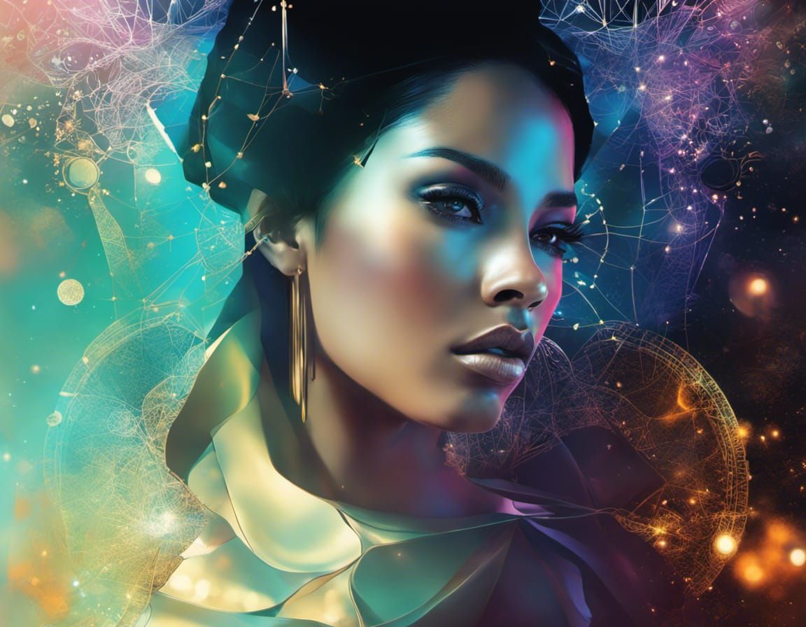 Radiant Caribbean Woman Portrait with Constellations