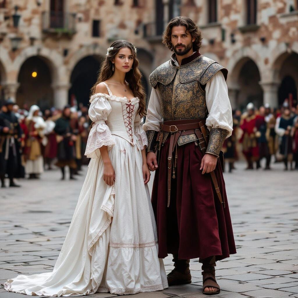 Medieval Lady Roma Embraced by Commander: Digital Illustrati...