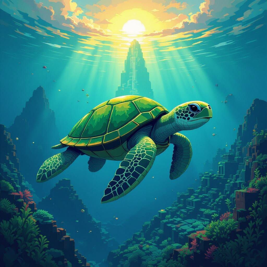 Minecraft Sea Turtle Descends in Ghibli-esque Ocean