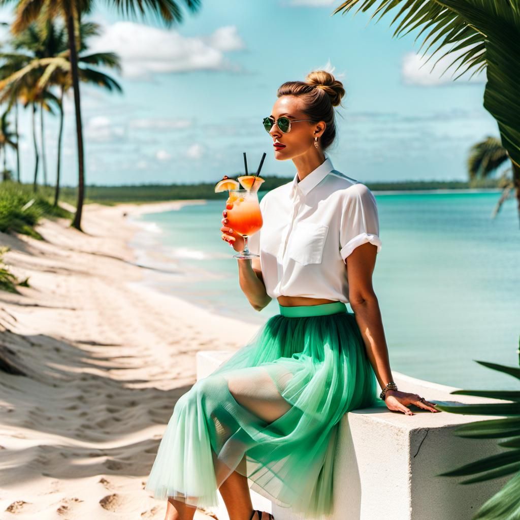 Girl in Mint Green Skirt on Tropical Beach