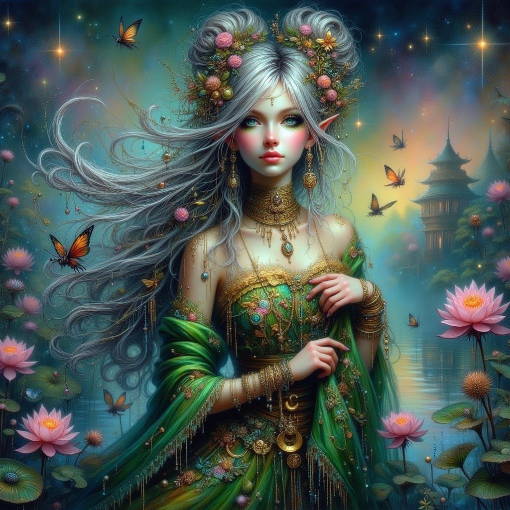 Regal Asian Woman in Emerald Silk by Misty Lake