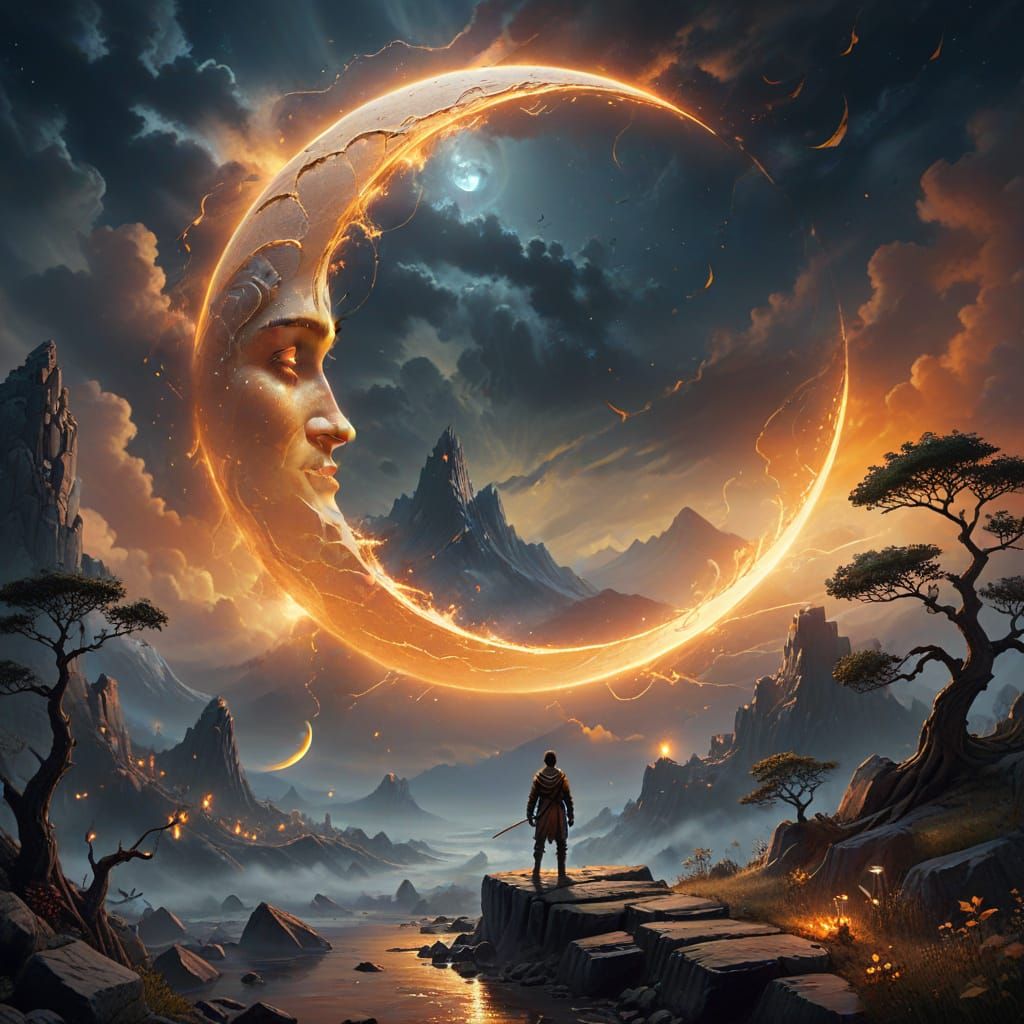 Cracked Golden Moon with Figure Under Ethereal Mist