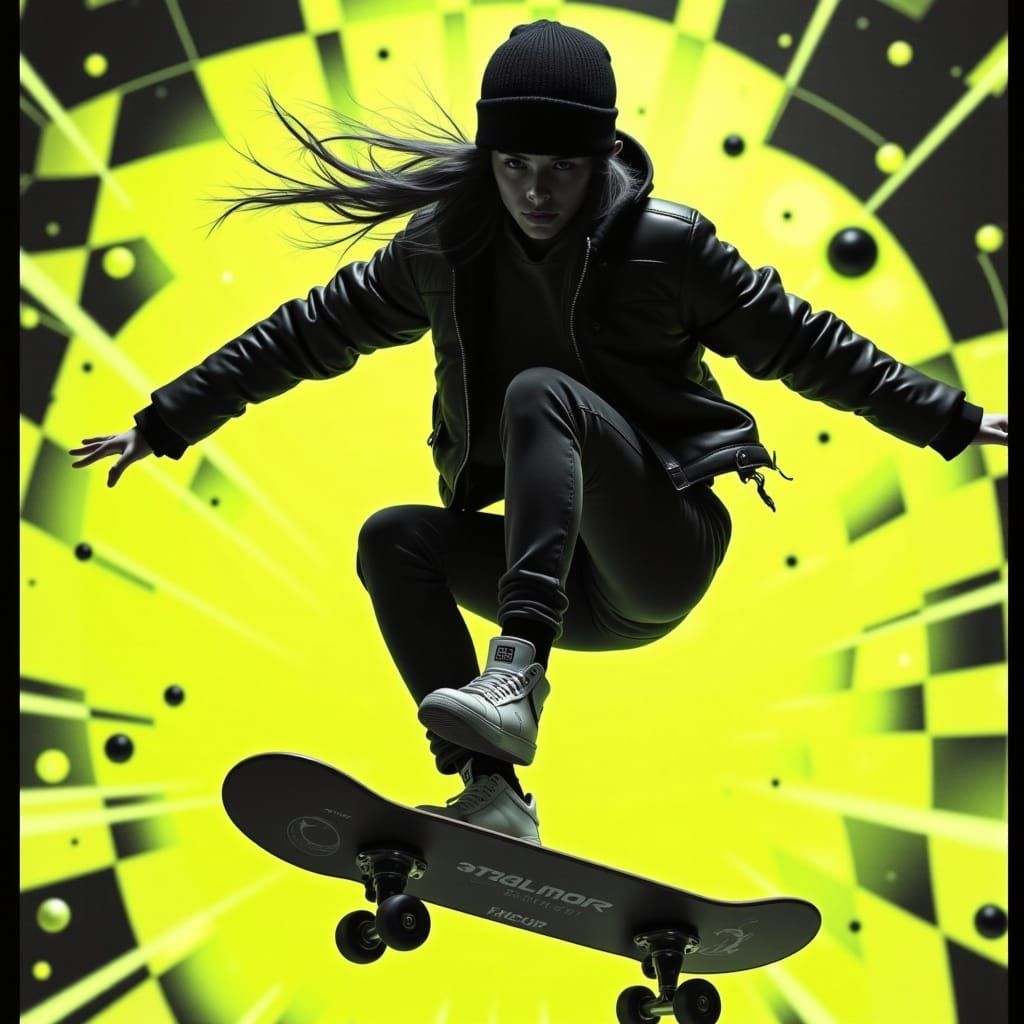 Female Skater in Mid-Air with Neon Accents