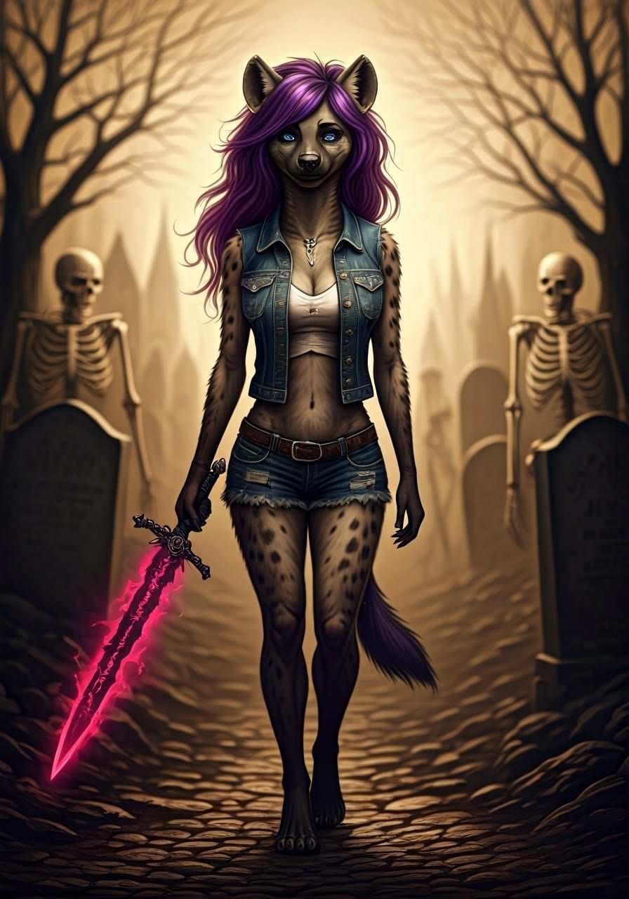 Gothic She-Hyena Walks Past Skeletons in Sepia-Toned Graveya...