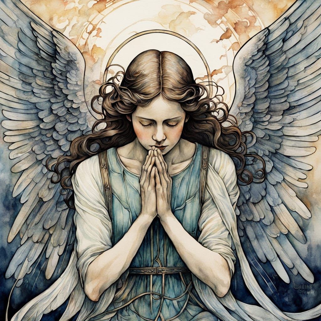 Art Nouveau Angel Praying Over War Victim