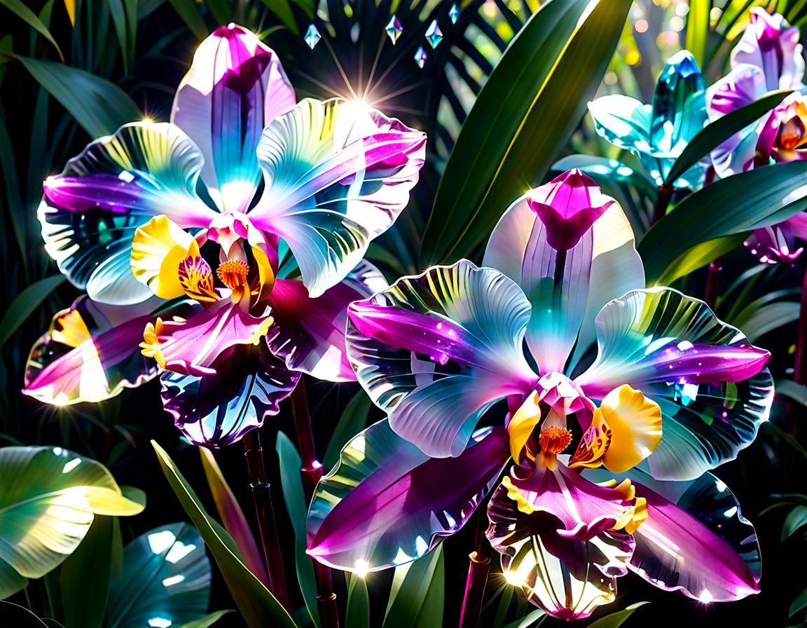 Crystal Orchids in Tropical Garden, 3D Render