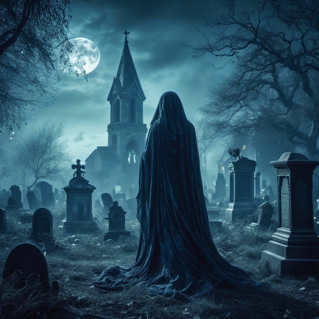 Ethereal Gothic Ghost in Graveyard Illustration