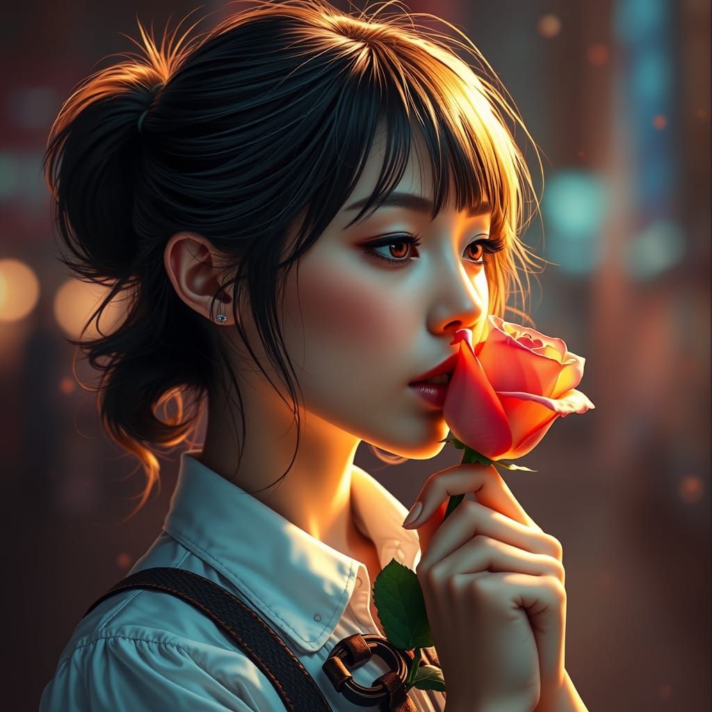 Attractive Woman Smelling a Rose in Hyperrealistic Style