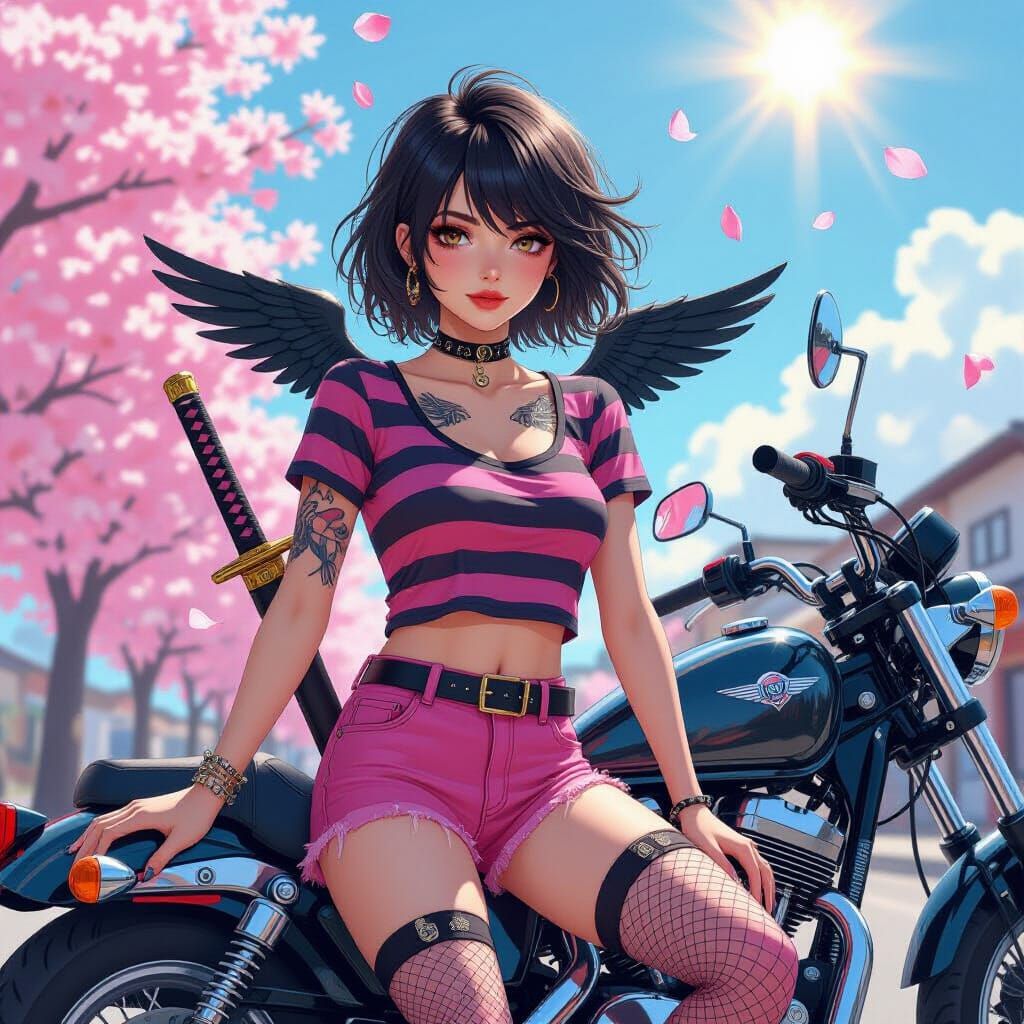 Emo Woman with Wings on Motorcycle in Anime Style