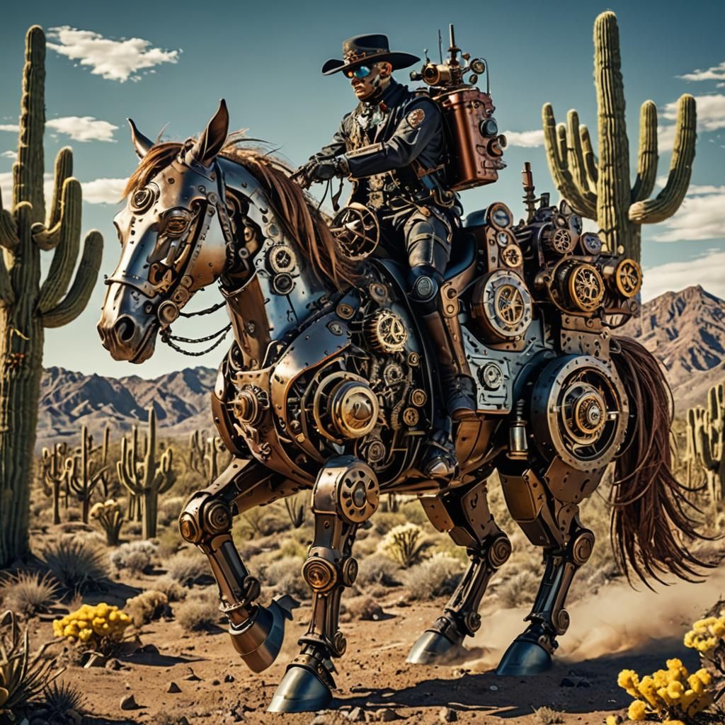 Steampunk Gunslinger Rides Robotic Horse