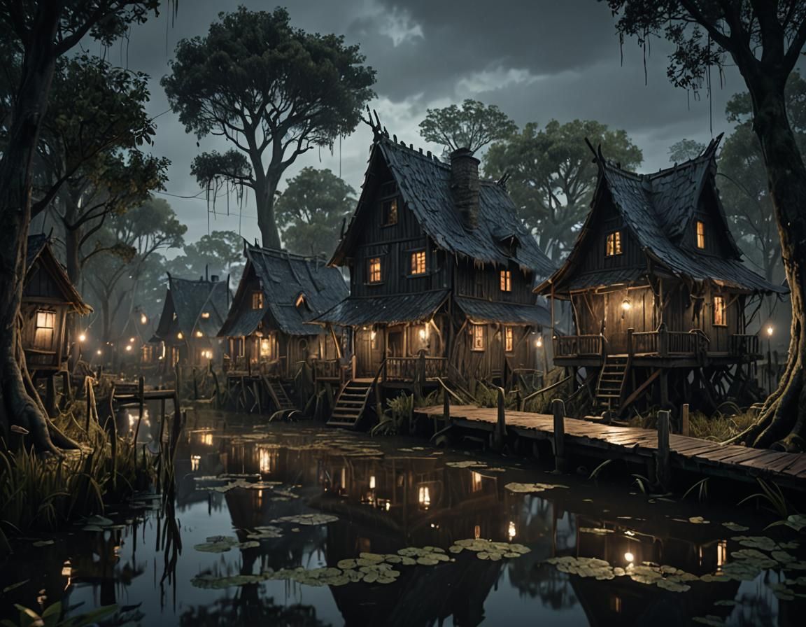 Gloomy Swamp Village with Fairy Lights in Dark Fantasy Art