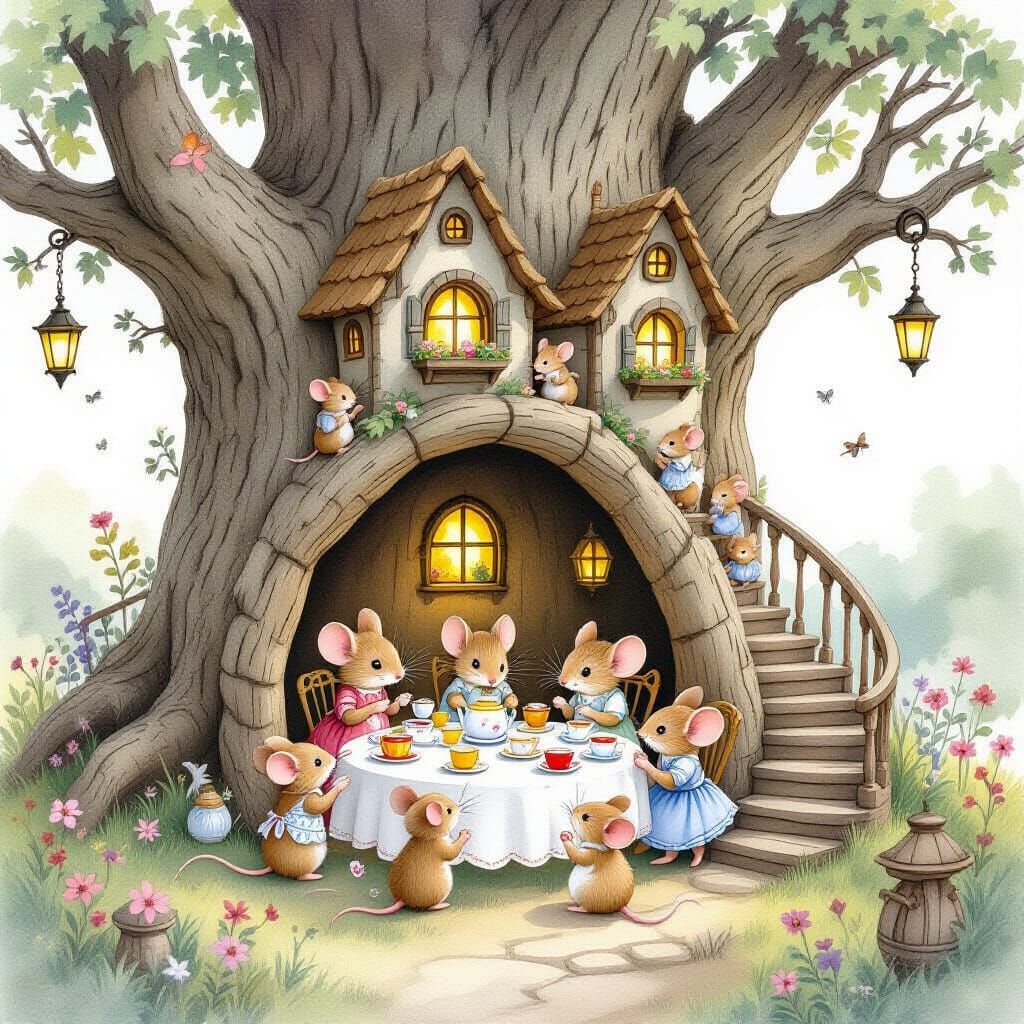 Whimsical Mouse Tea Party in Watercolor Style