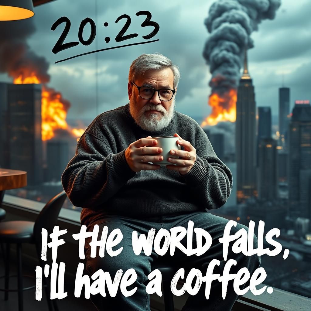 Dystopian Coffee Break: Man Sipping Amidst Chaos