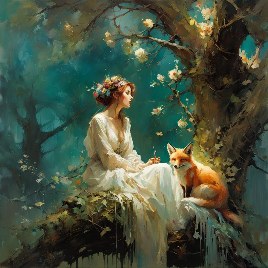 Nightingale Sings to Attentive Fox in Artistic Style